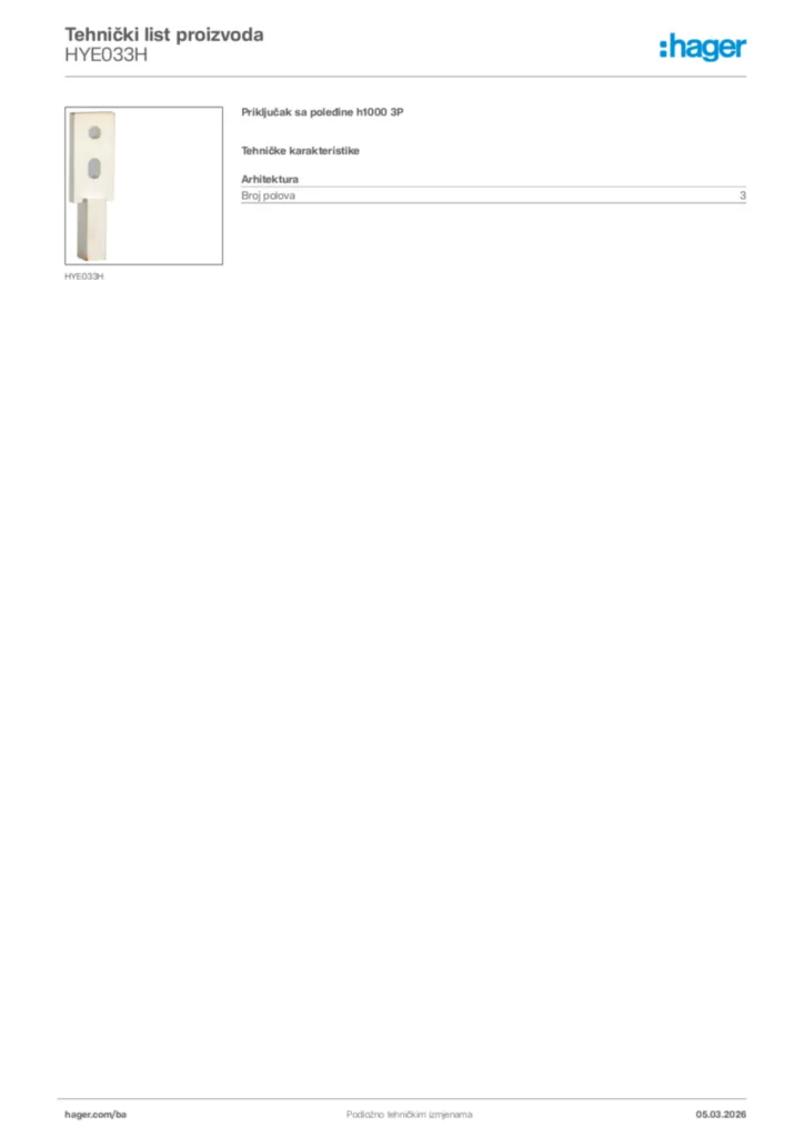 Slika Hager Tehnički list proizvoda HYE033H  | Hager