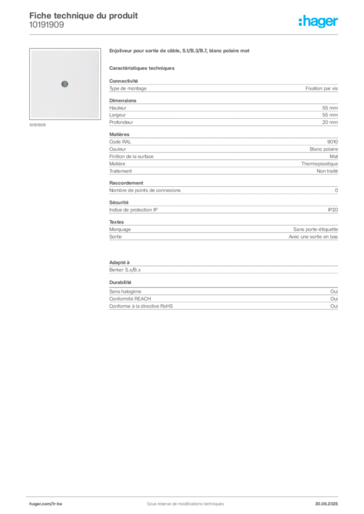 Image Hager Fiche technique du produit 10191909 | Hager Belgique