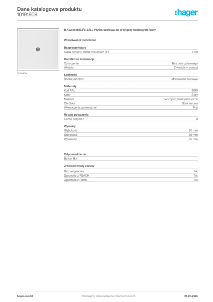 Zdjęcie Hager Dane katalogowe produktu 10191909 | Hager Polska