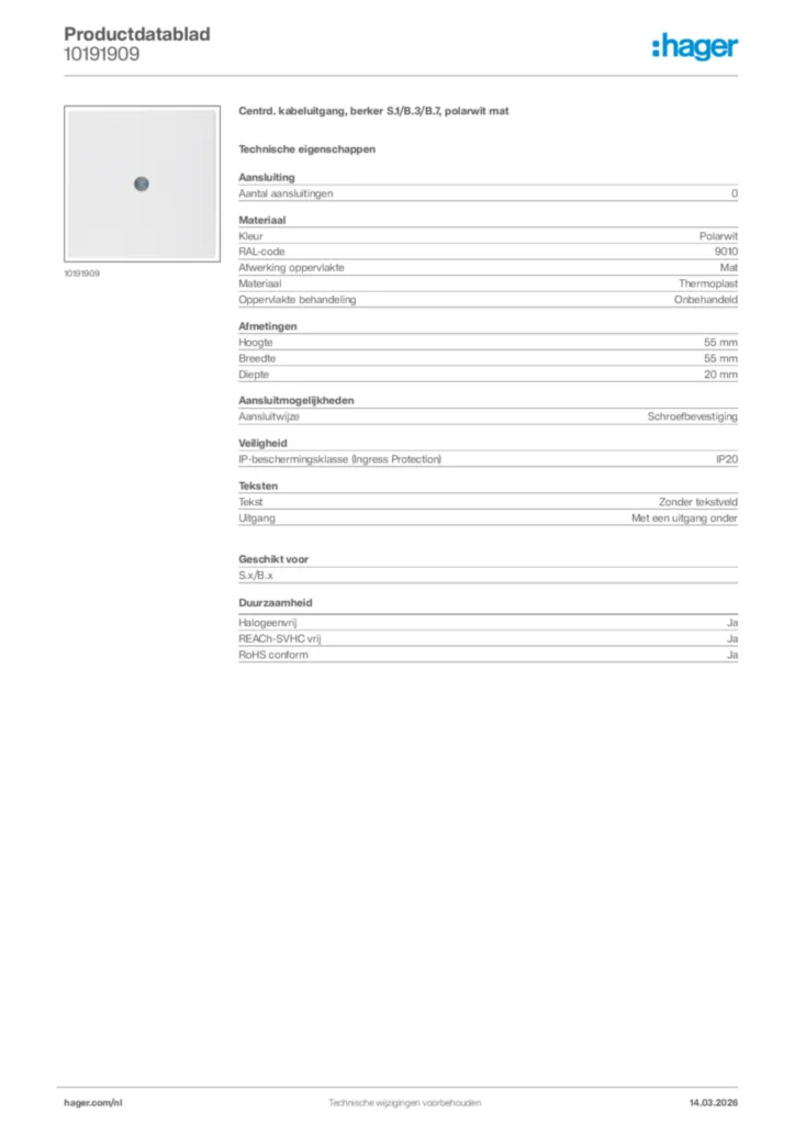 Afbeelding Hager Productdatablad 10191909 | Hager Nederland