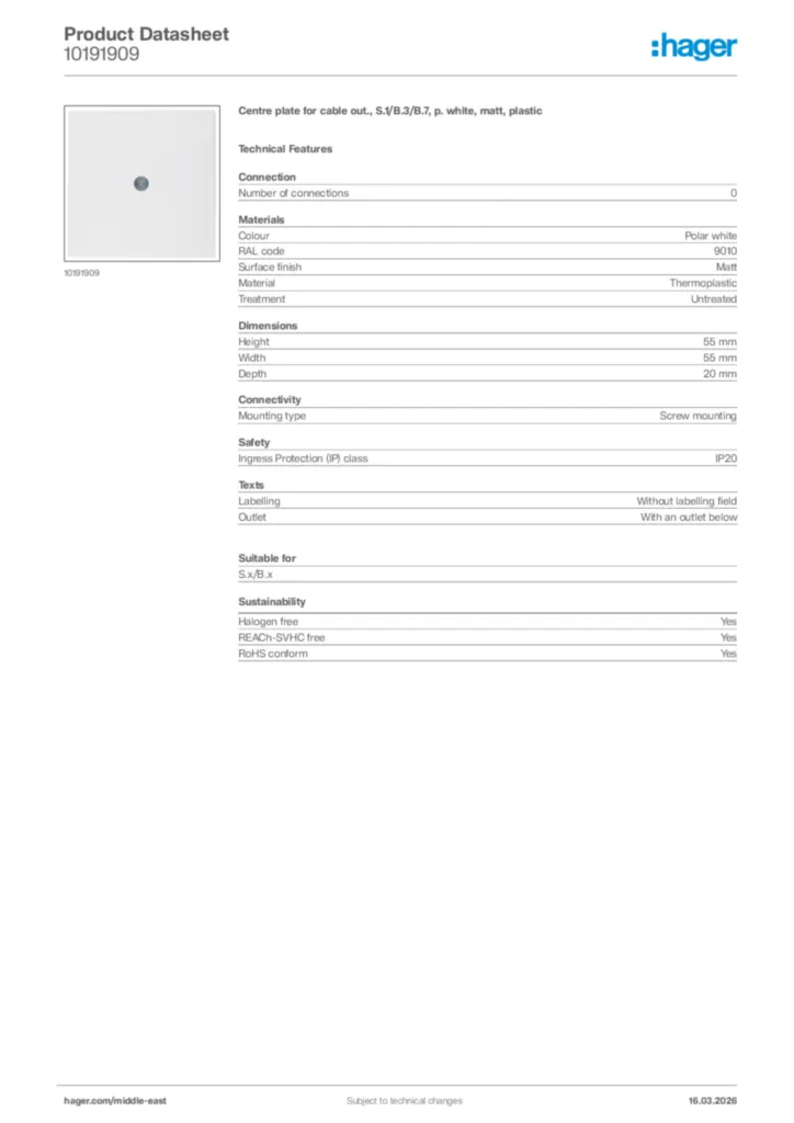 Image Hager Product data sheet 10191909  | Hager