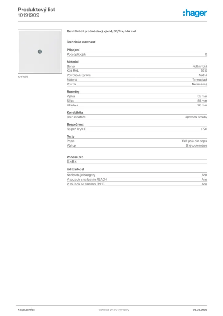 Obrázek Hager Product data sheet 10191909 | Hager