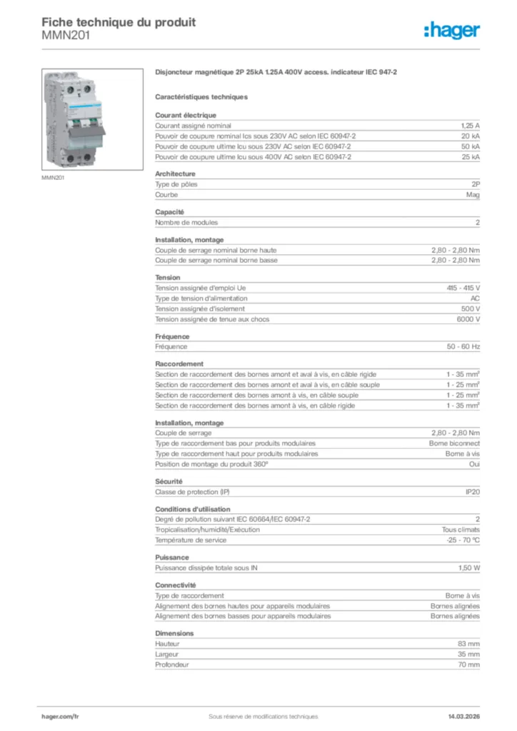 Image Hager Fiche technique du produit MMN201 | Hager France