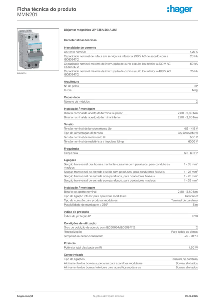 Imagem Hager Ficha técnica do produto MMN201 | Hager Portugal