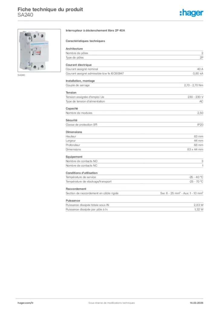 Image Hager Fiche technique du produit SA240 | Hager France