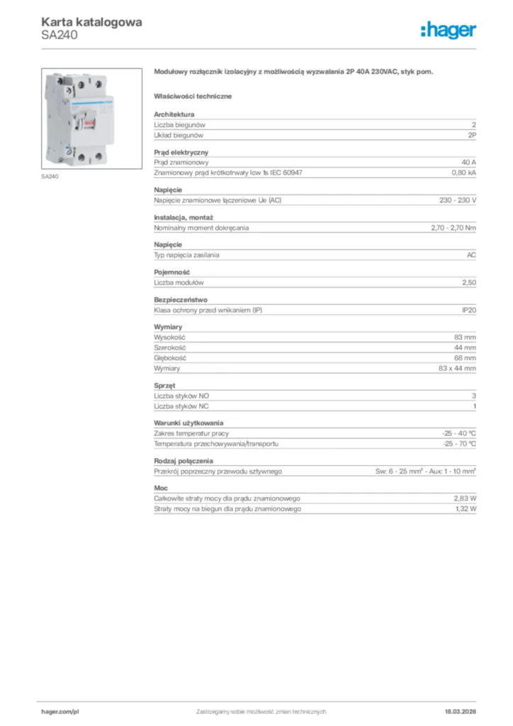 Zdjęcie Hager Karta katalogowa SA240 | Hager Polska