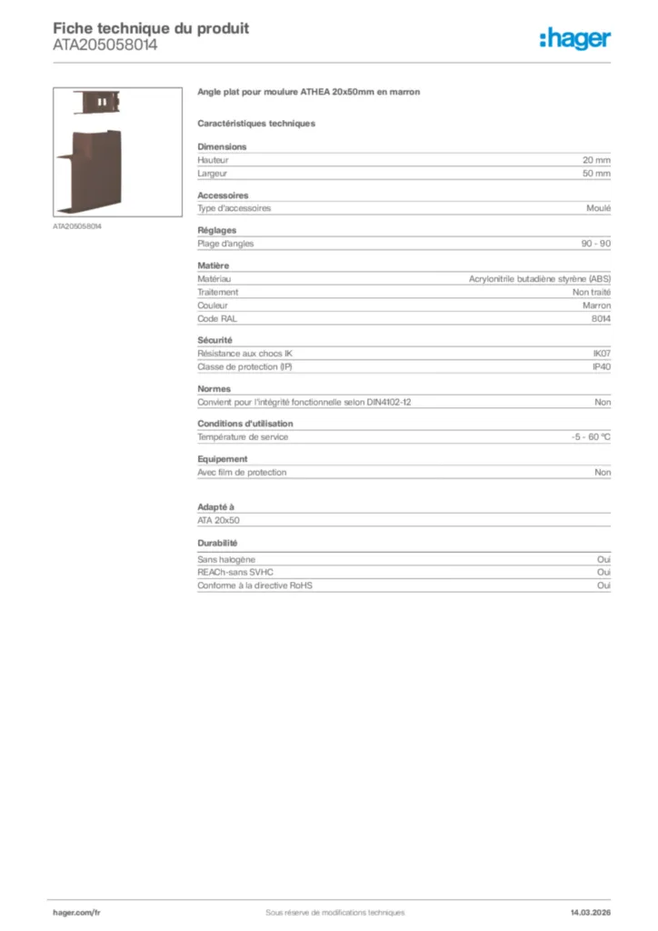 Image Hager Fiche technique du produit ATA205058014 | Hager France