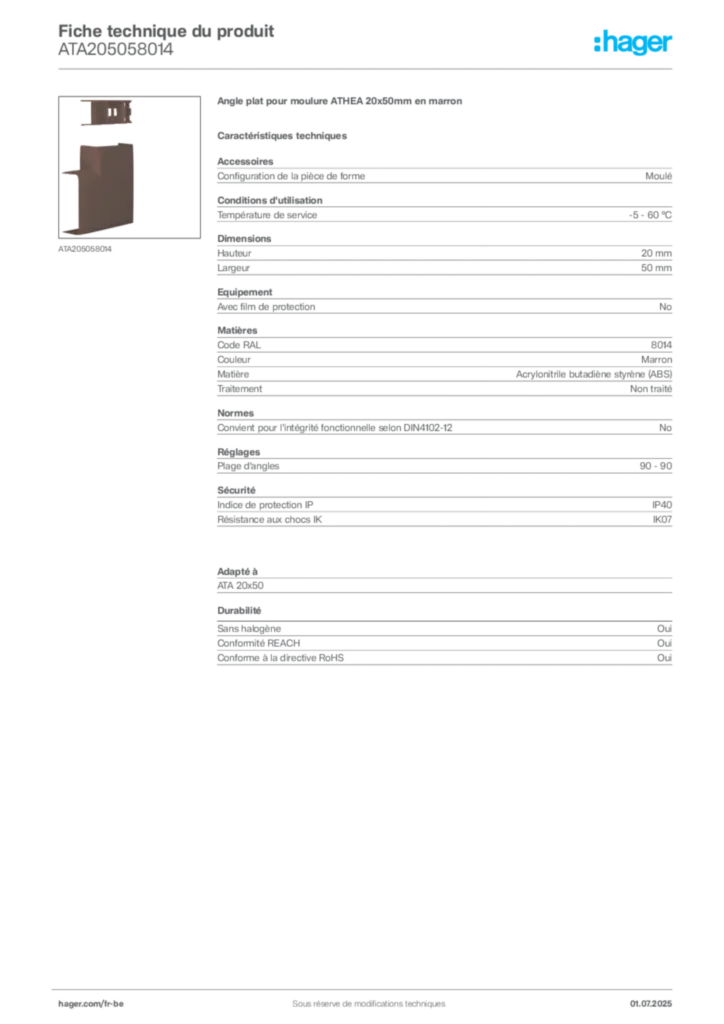 Image Hager Fiche technique du produit ATA205058014 | Hager Belgique