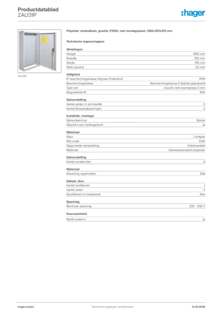 Afbeelding Hager Productdatablad ZAL131P | Hager Nederland