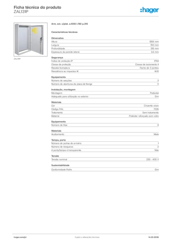 Imagem Hager Ficha técnica do produto ZAL131P | Hager Portugal