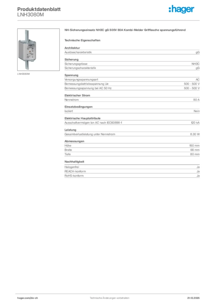 Bild Hager Produktdatenblatt LNH3080M | Hager Schweiz
