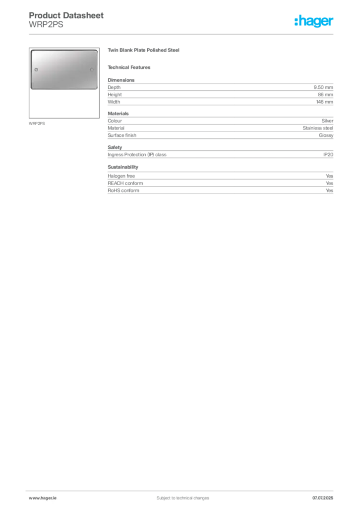 Image Hager Product data sheet WRP2PS  | Hager