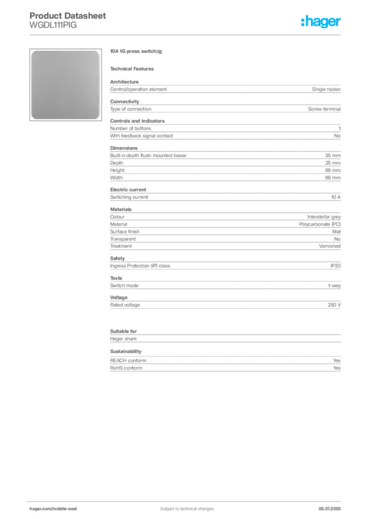 Image Hager Product data sheet WGDL111PIG  | Hager