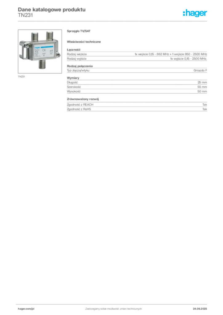 Zdjęcie Hager Dane katalogowe produktu TN231 | Hager Polska