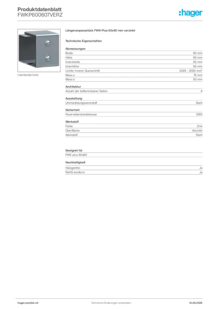 Bild Hager Produktdatenblatt FWKP600607VERZ | Hager Schweiz