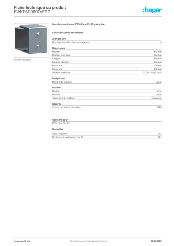 Image Hager Fiche technique du produit FWKP600607VERZ | Hager Suisse