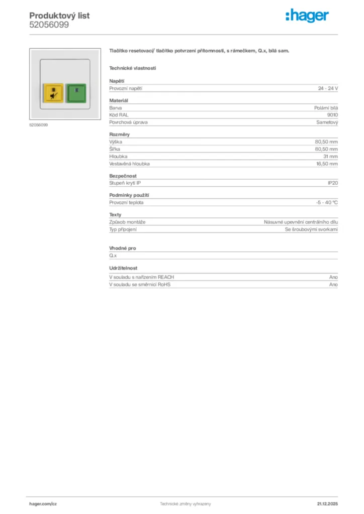 Obrázek Hager Produktový list 52056099 | Hager