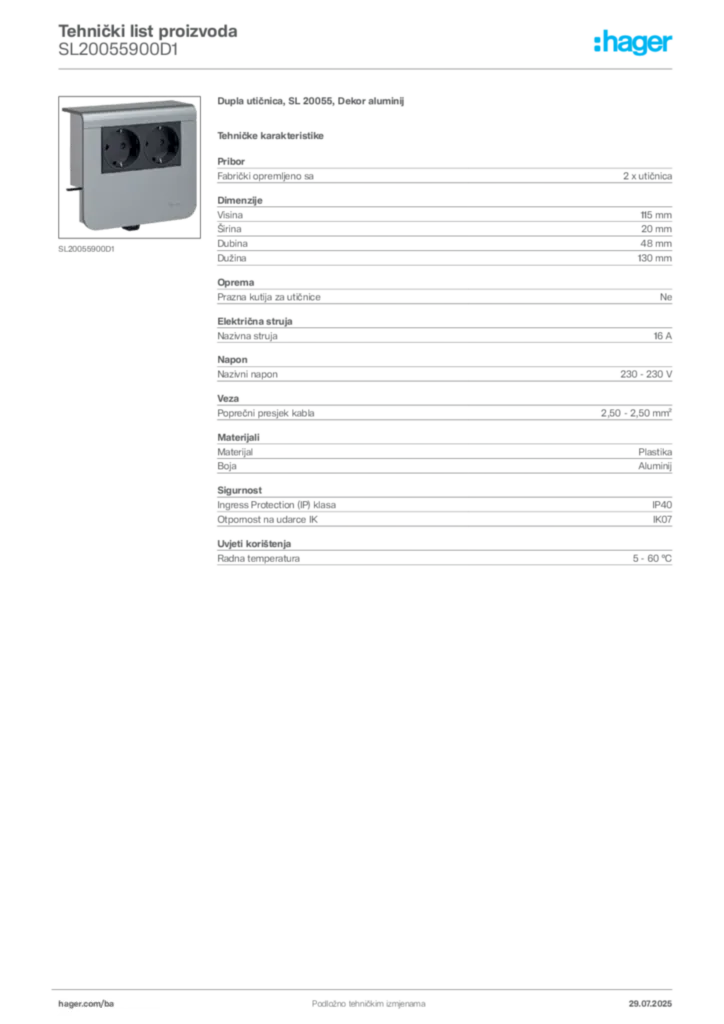 Slika Hager Product data sheet SL20055900D1  | Hager