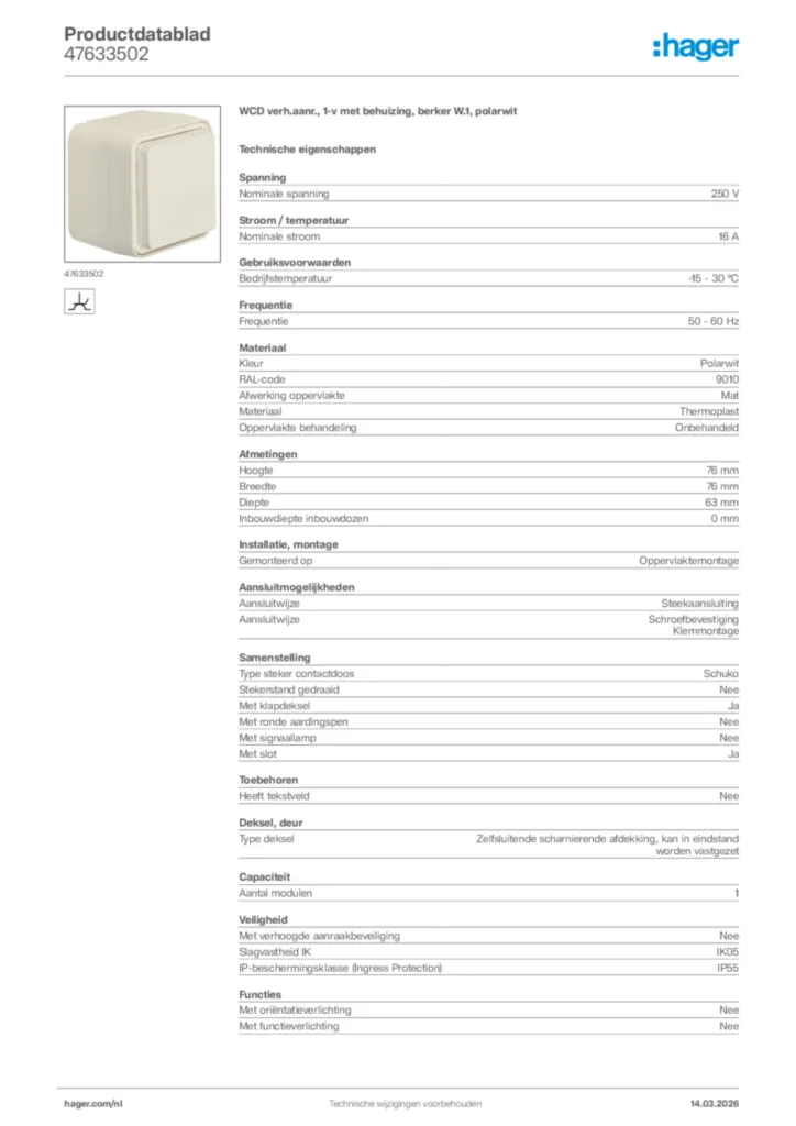 Afbeelding Hager Productdatablad 47633502 | Hager Nederland