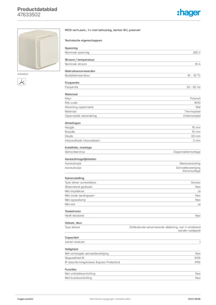 Afbeelding Hager Productdatablad 47633502 | Hager Nederland