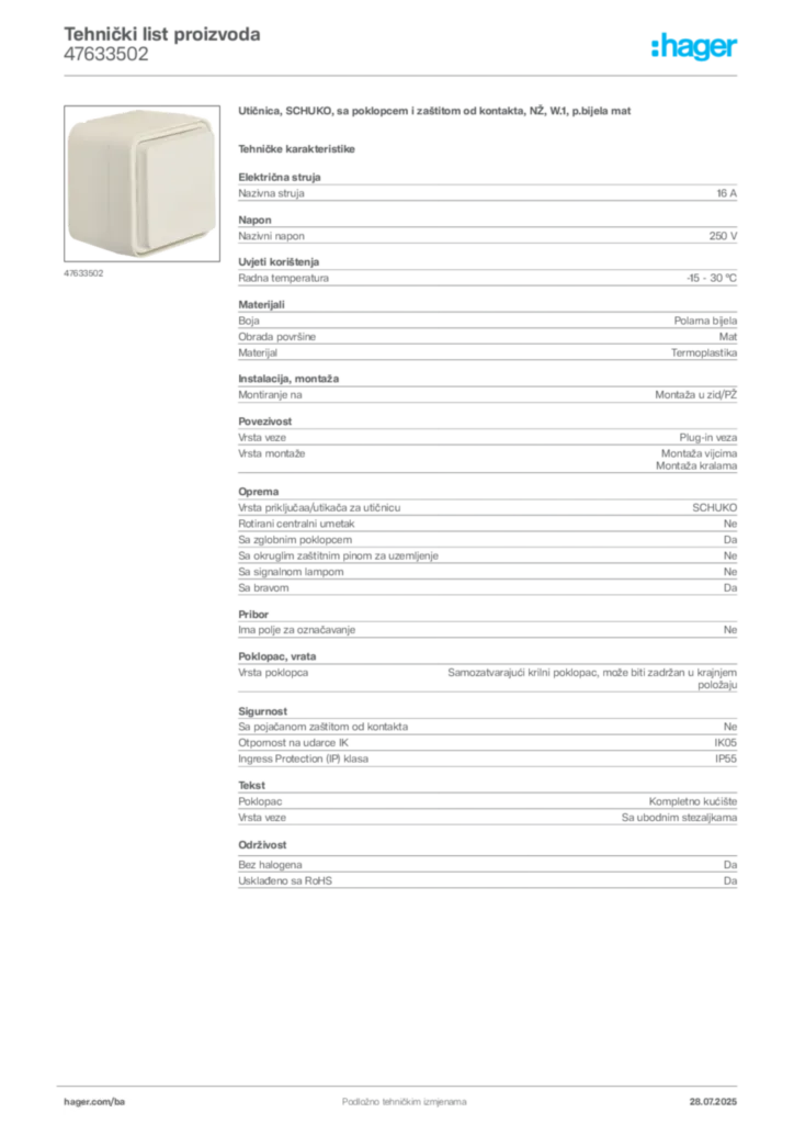 Slika Hager Product data sheet 47633502  | Hager