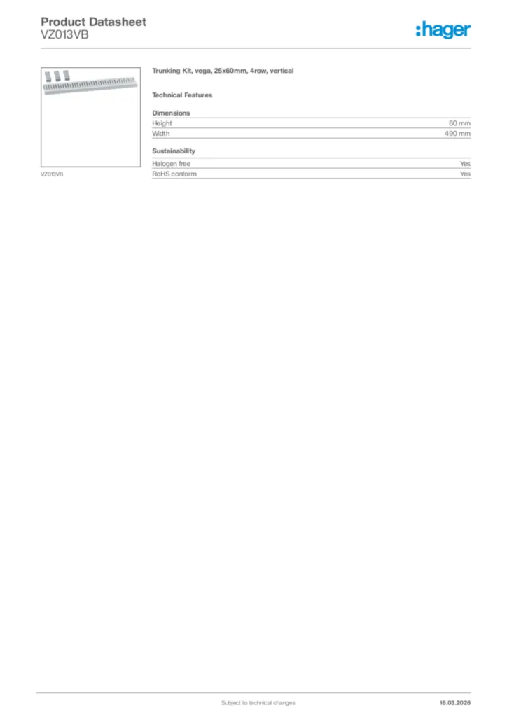 Image Hager Product data sheet VZ013VB  | Hager Africa