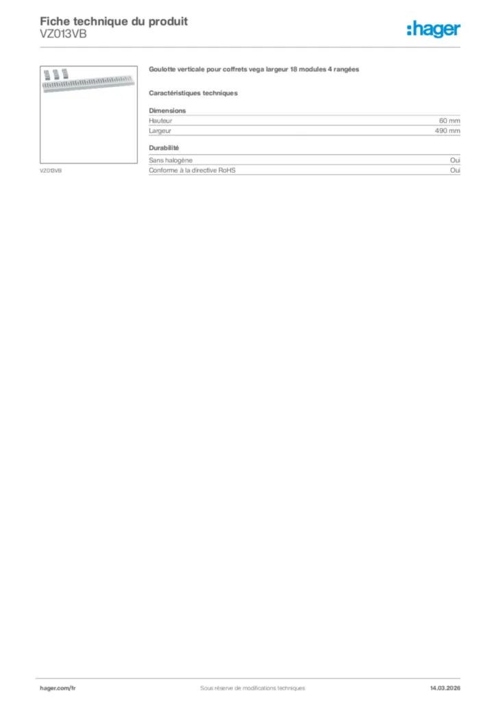 Image Hager Fiche technique du produit VZ013VB | Hager France