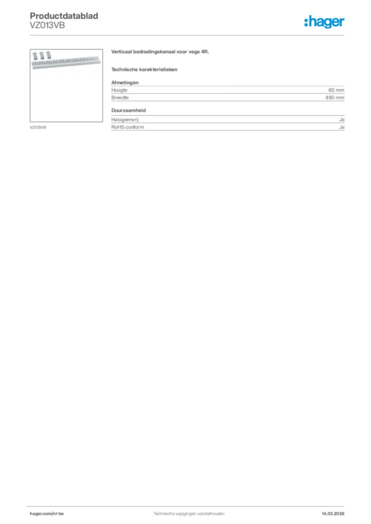Afbeelding Hager Productdatablad VZ013VB | Hager Belgium