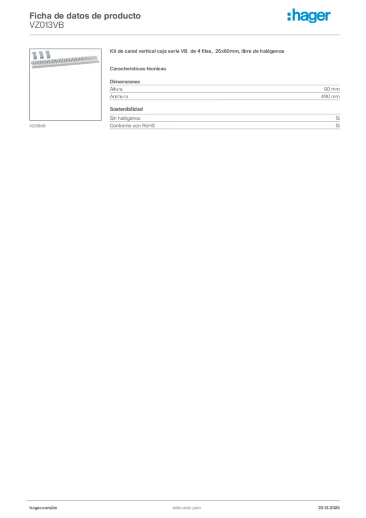 Imagen Hager Ficha de datos de producto VZ013VB | Hager España