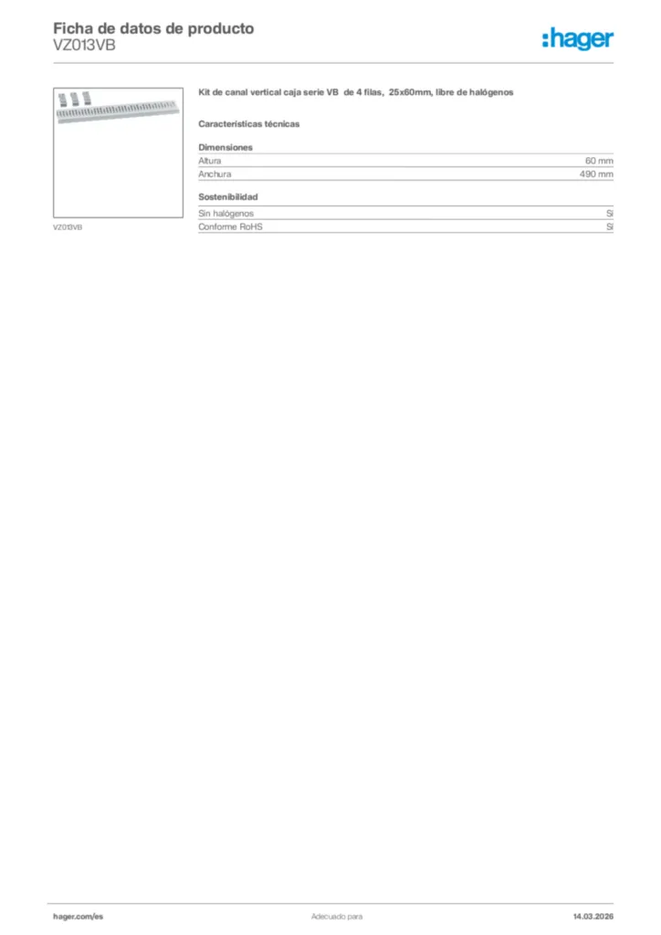 Imagen Hager Ficha de datos de producto VZ013VB | Hager España