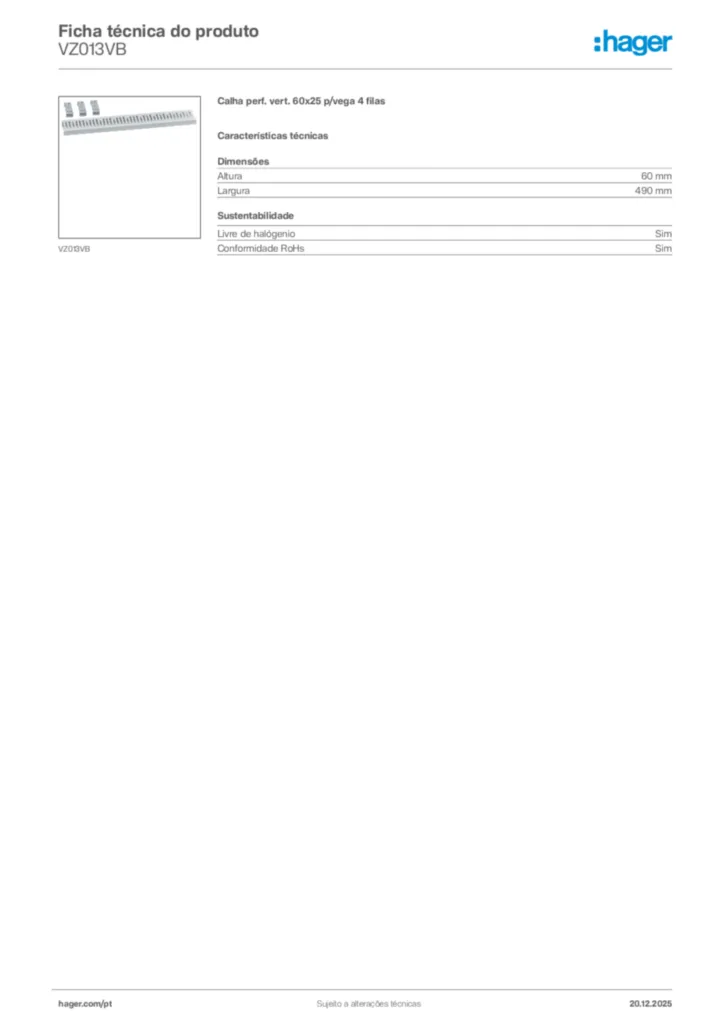 Imagem Hager Ficha técnica do produto VZ013VB | Hager Portugal