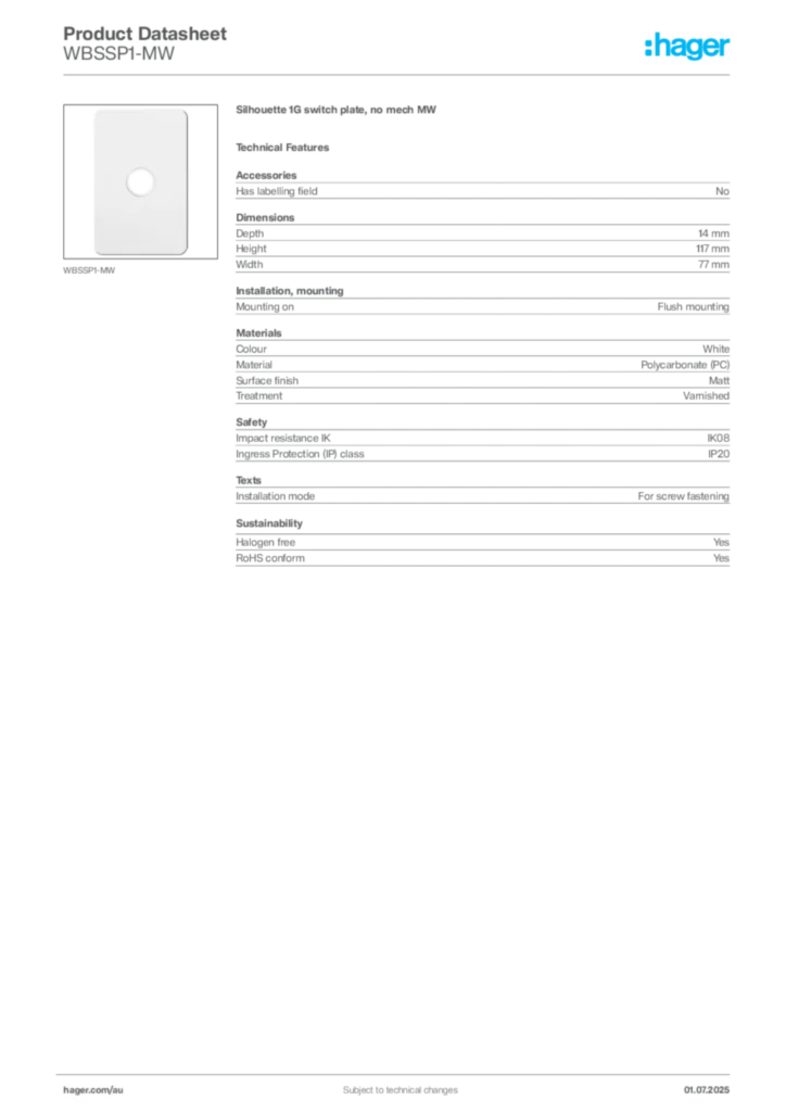 Image Hager Product data sheet WBSSP1-MW  | Hager Australia