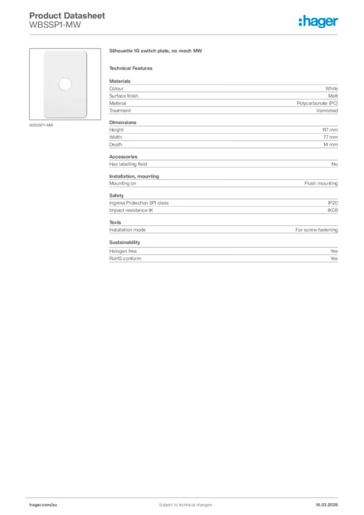 Image Hager Product data sheet WBSSP1-MW  | Hager Australia
