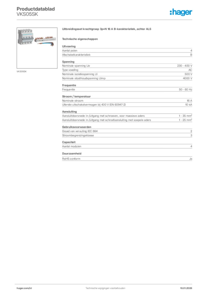 Afbeelding Hager Productdatablad VKS05SK | Hager Nederland
