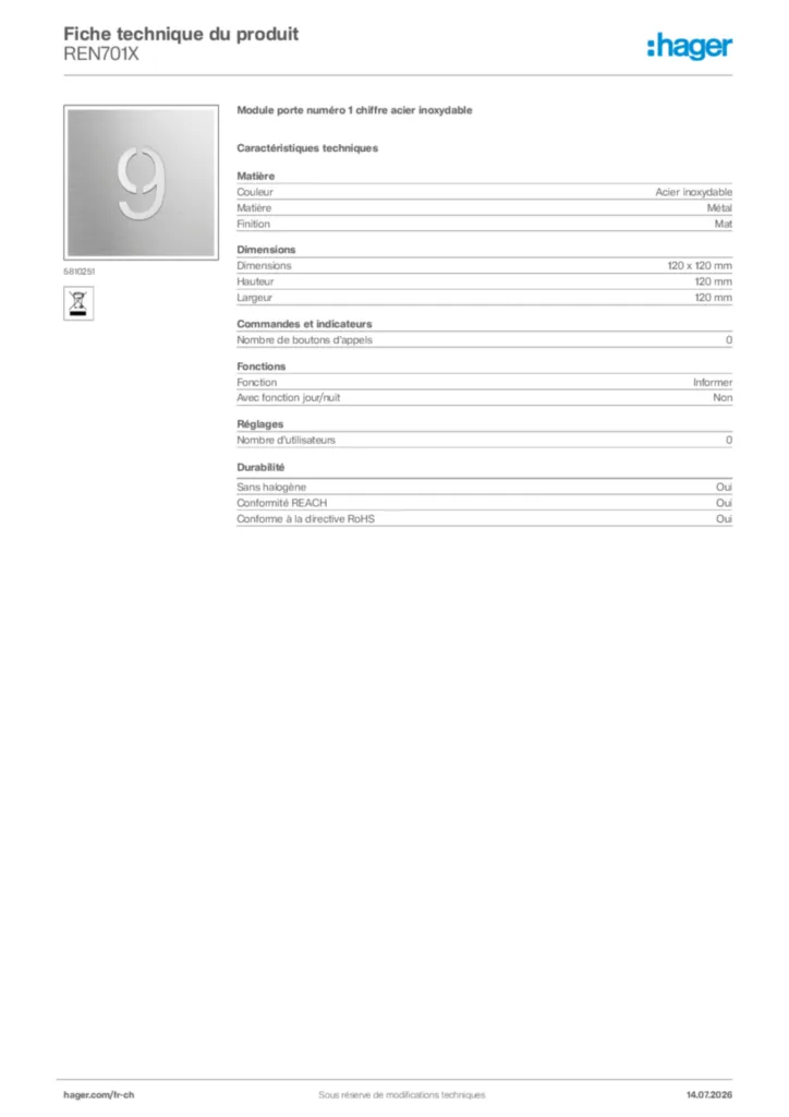 Image Hager Fiche technique du produit REN701X | Hager Suisse
