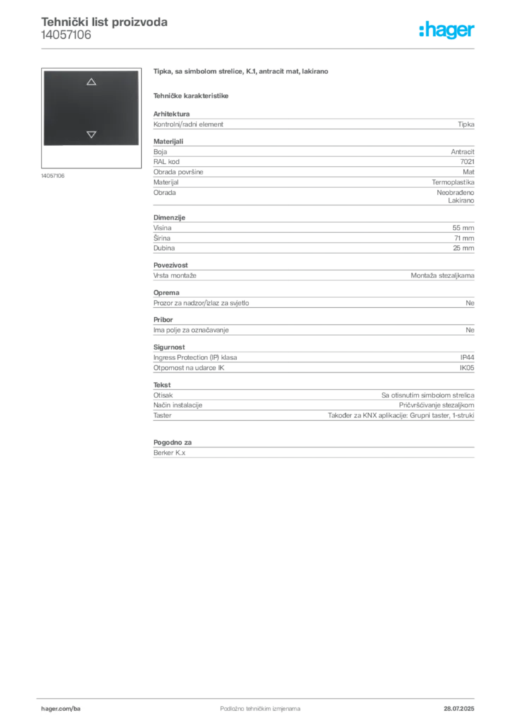Slika Hager Product data sheet 14057106  | Hager