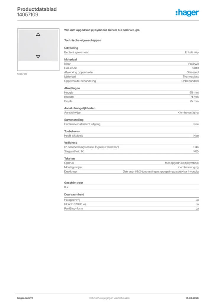 Afbeelding Hager Productdatablad 14057109 | Hager Nederland