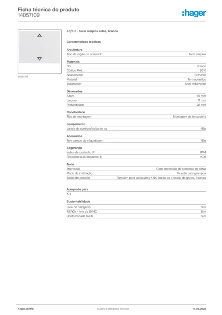 Imagem Hager Ficha técnica do produto 14057109 | Hager Portugal