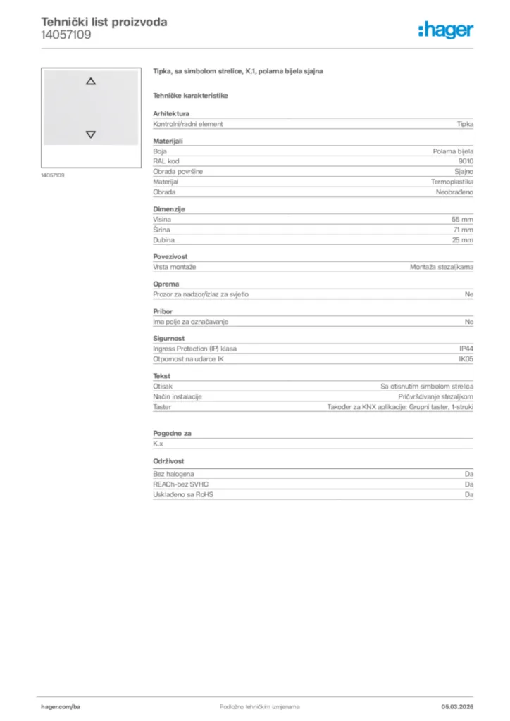 Slika Hager Tehnički list proizvoda 14057109  | Hager