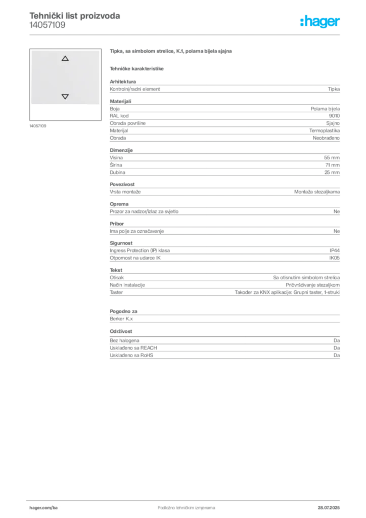 Slika Hager Product data sheet 14057109  | Hager