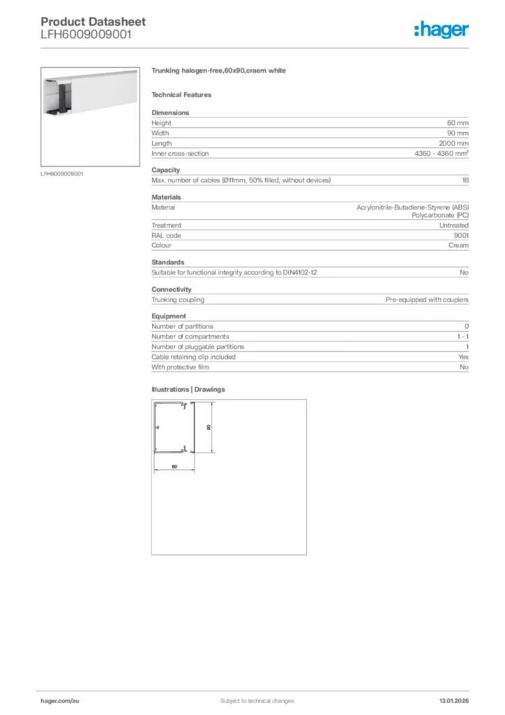 Image Hager Product data sheet LFH6009009001  | Hager Australia