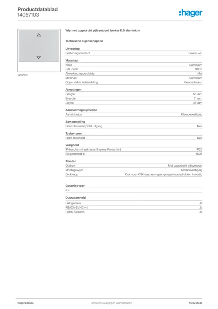 Afbeelding Hager Productdatablad 14057103 | Hager Nederland