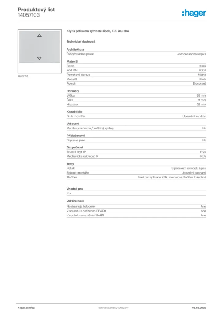 Obrázek Hager Product data sheet 14057103 | Hager