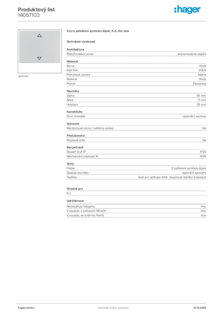 Obrázek Hager Produktový list 14057103 | Hager