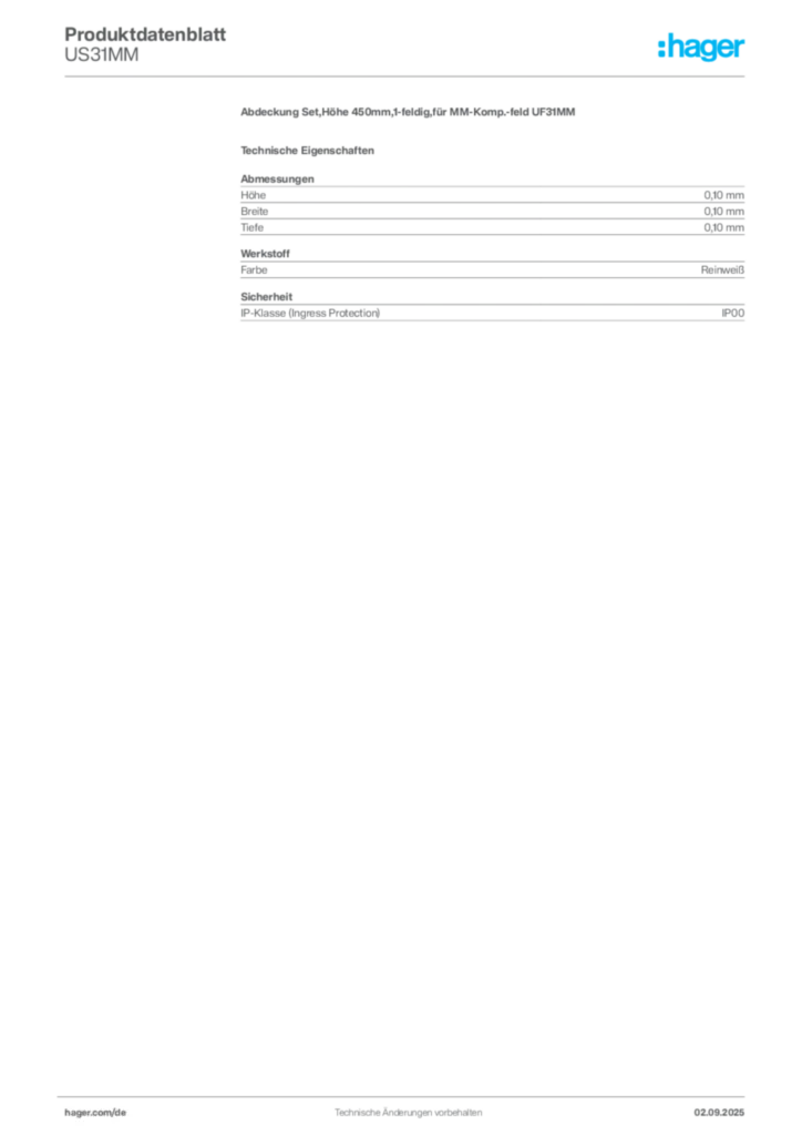 Bild Hager Produktdatenblatt US31MM | Hager Deutschland