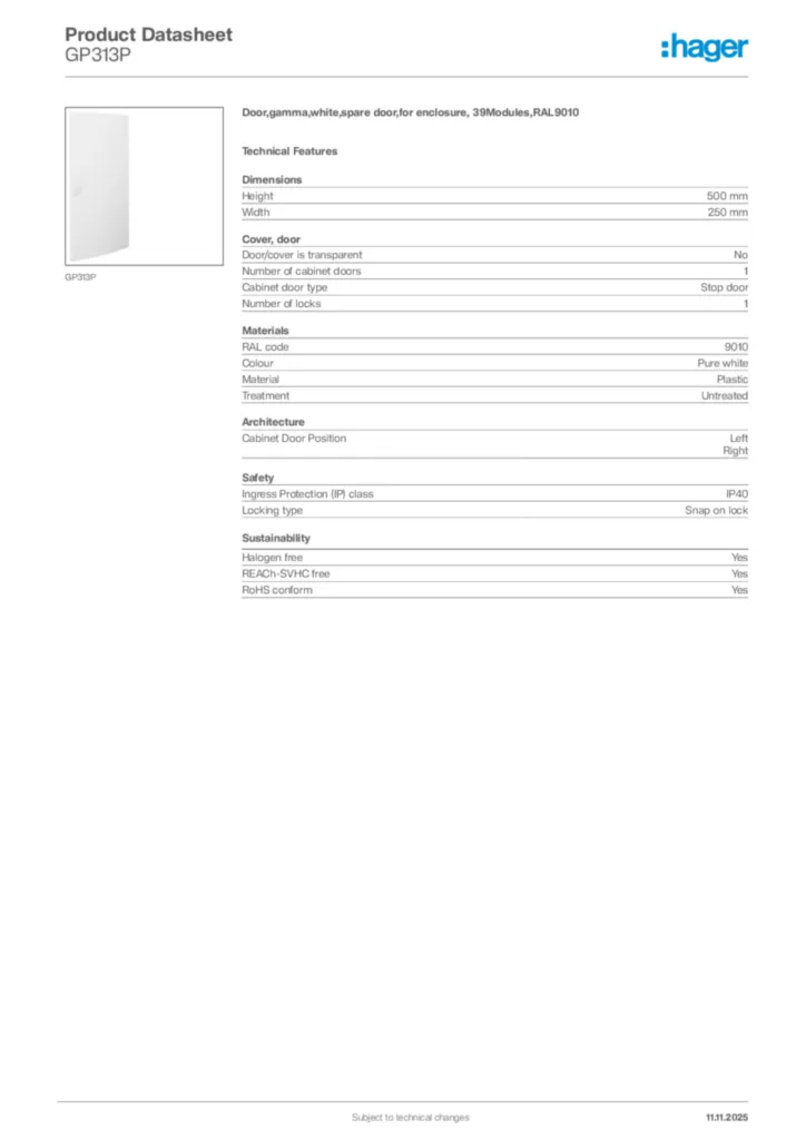 Image Hager Product data sheet GP313P  | Hager Africa