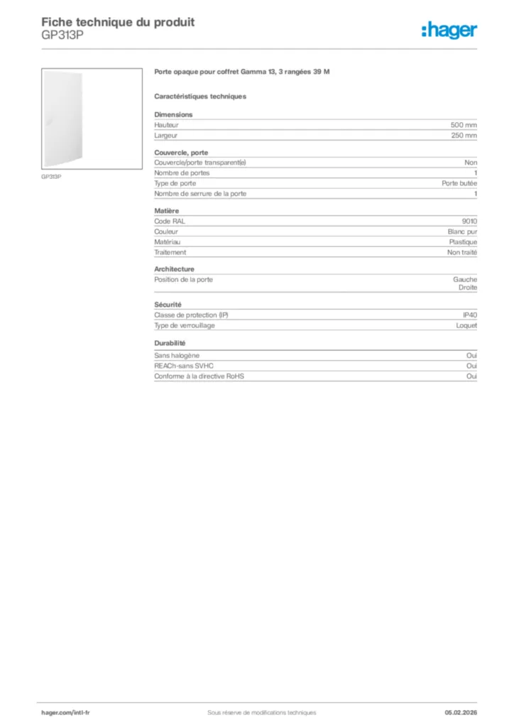 Image Hager Fiche technique du produit GP313P | Hager Afrique