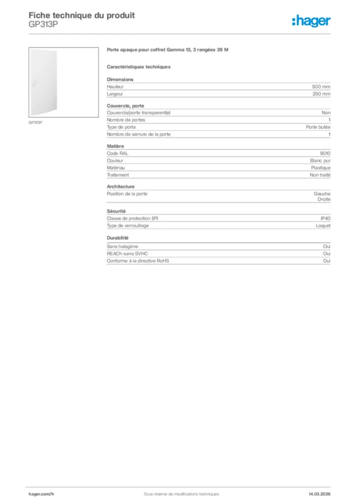 Image Hager Fiche technique du produit GP313P | Hager France