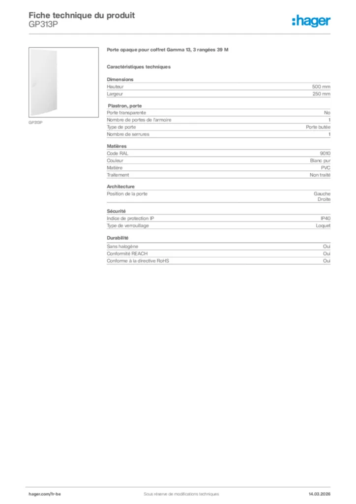 Image Hager Fiche technique du produit GP313P | Hager Belgique