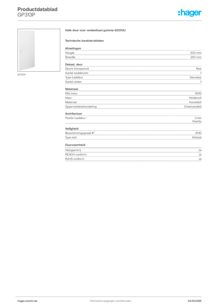 Afbeelding Hager Productdatablad GP313P | Hager Belgium